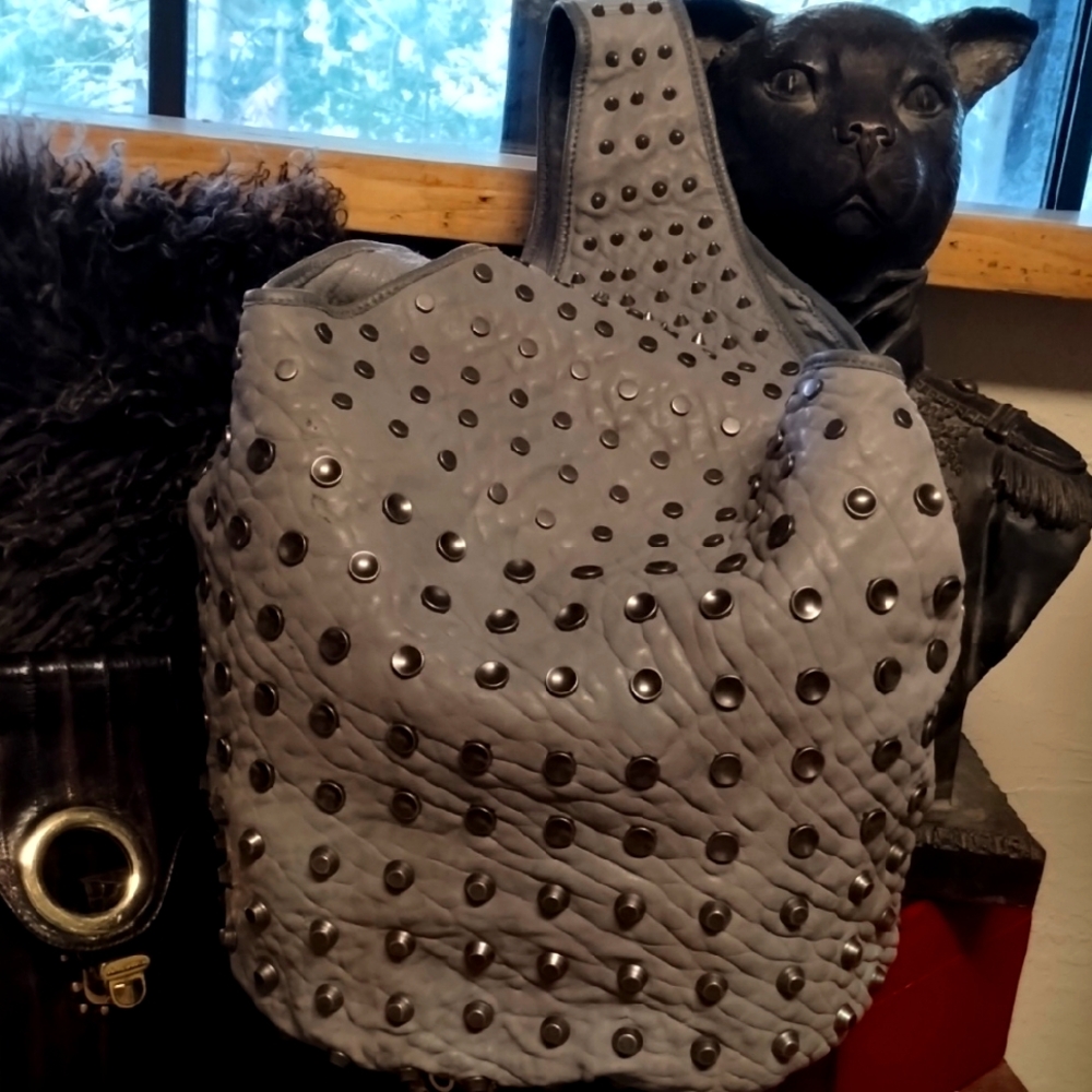 Cassandra Los Angeles Studded Gray Leather Handbag